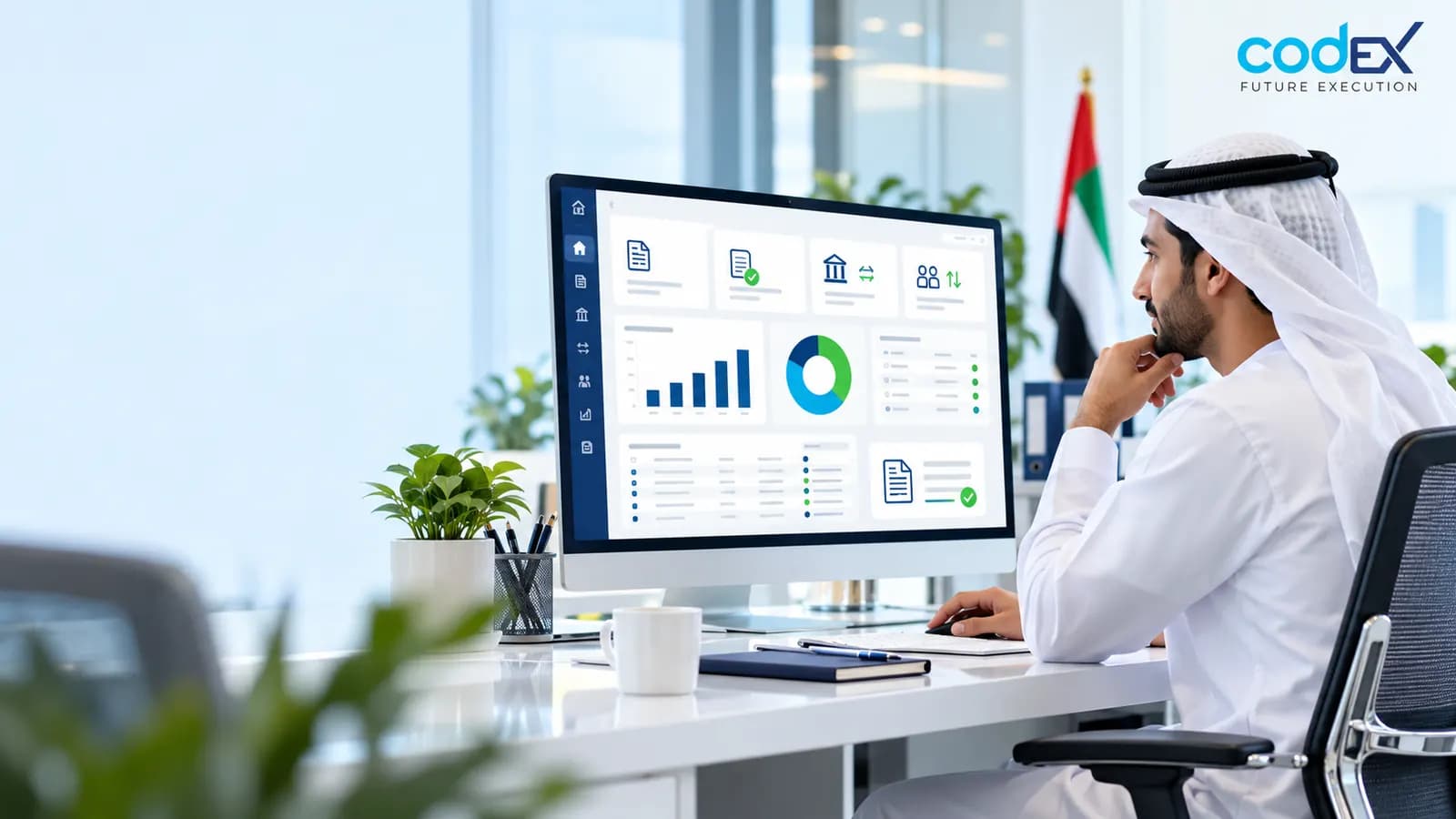UAE finance professional reviewing connected accounting, invoicing and reporting workflows