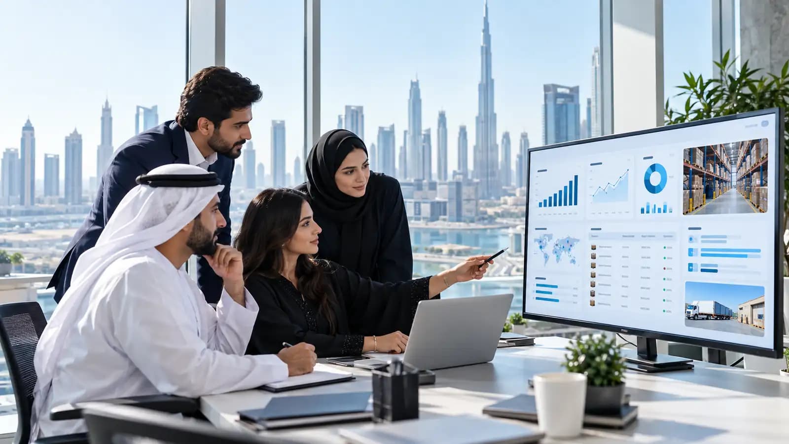 Dubai operations team reviewing connected ERP software dashboards for sales, inventory and finance