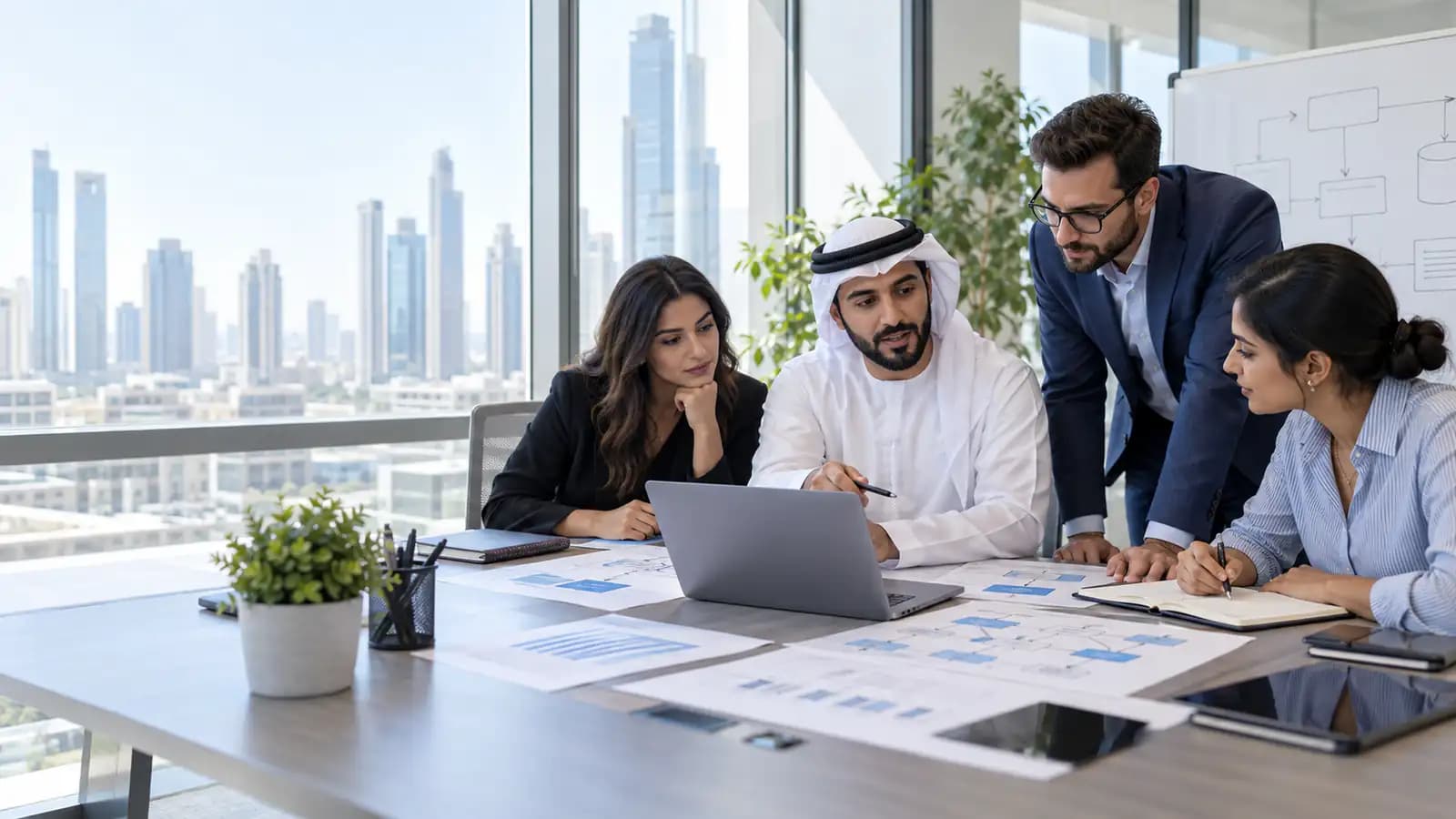 Dubai business team reviewing an Odoo ERP implementation plan with a Codex consultant