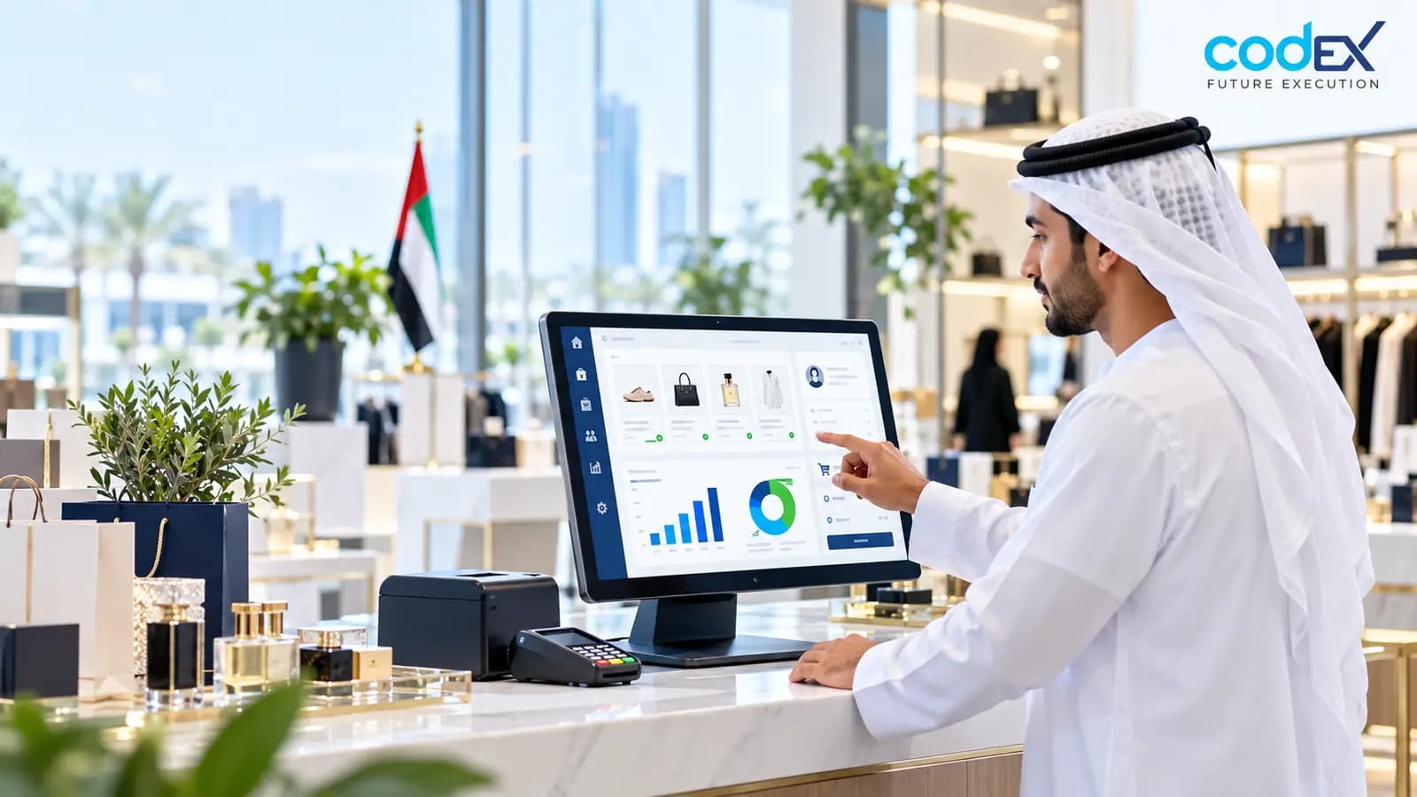 UAE retail manager using connected Odoo POS software for sales, payments and inventory