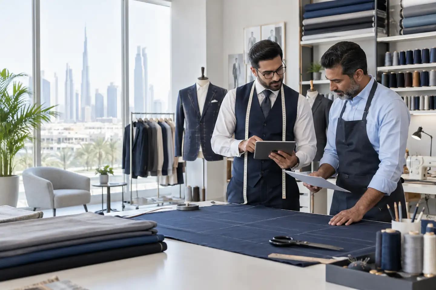 Tailors in a Dubai workshop reviewing customer measurements and a garment job card on a tablet