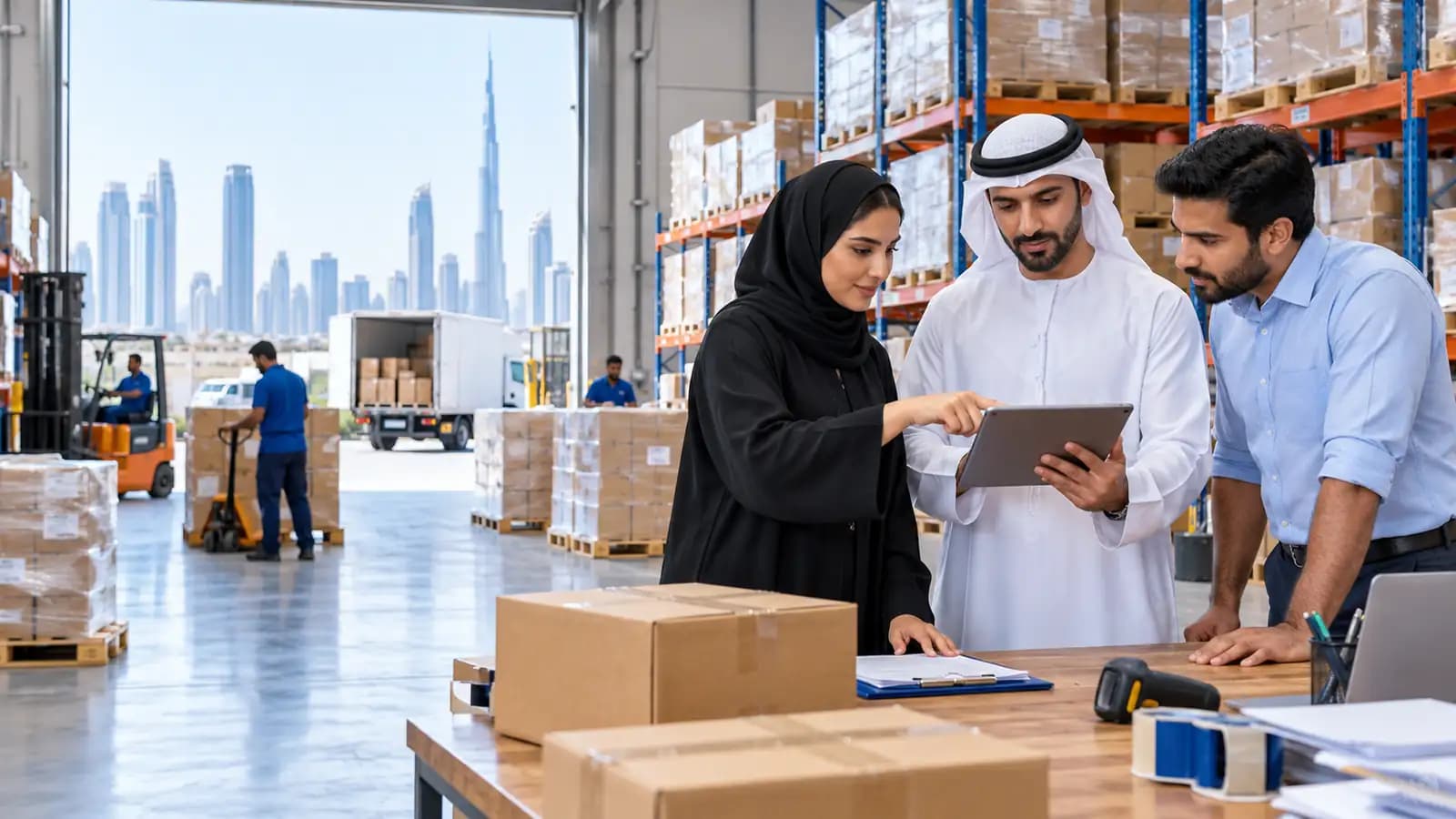 Dubai trading operations team reviewing order and warehouse information