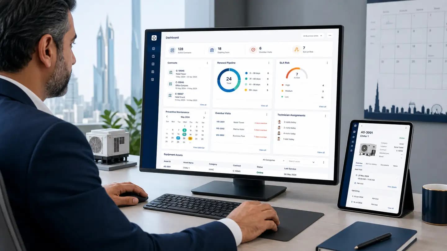 AMC service management software dashboard for contract renewals, overdue visits, SLA risk, and technician assignments