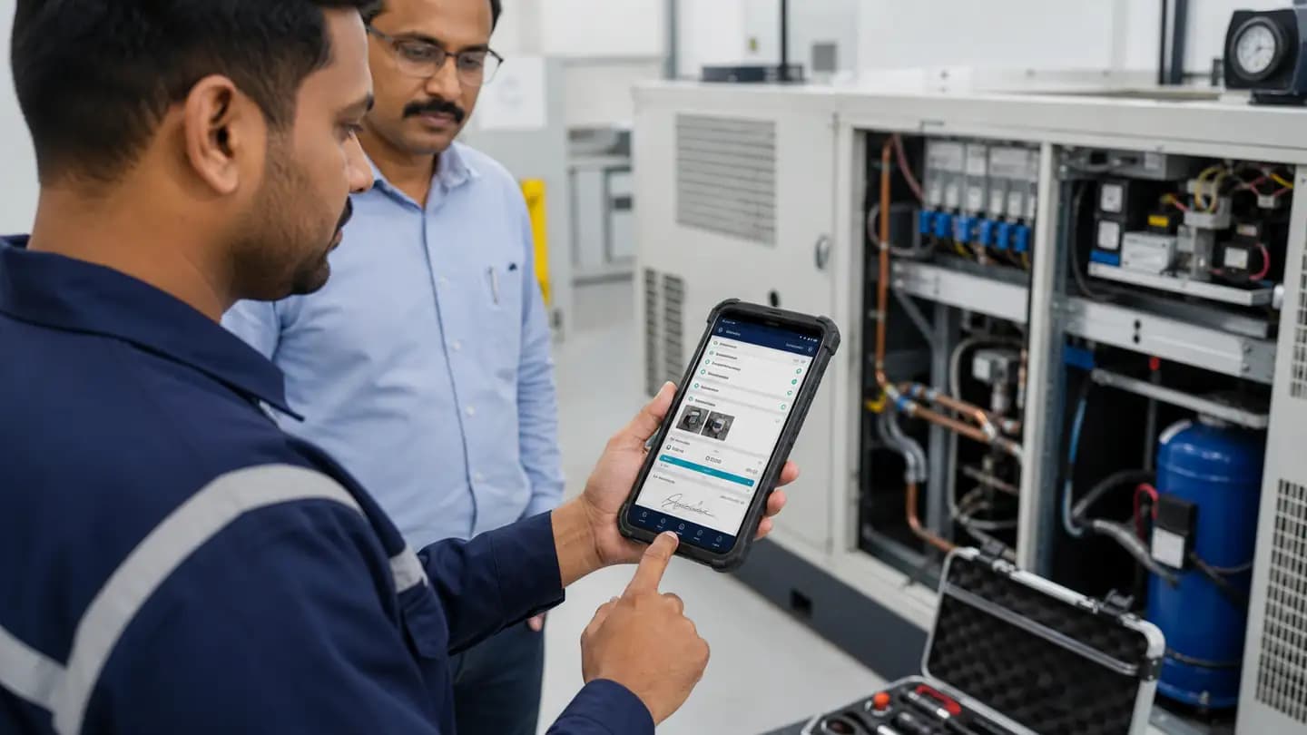 Field service software mobile workflow for AMC technician checklist, spare parts, photos, and customer signature
