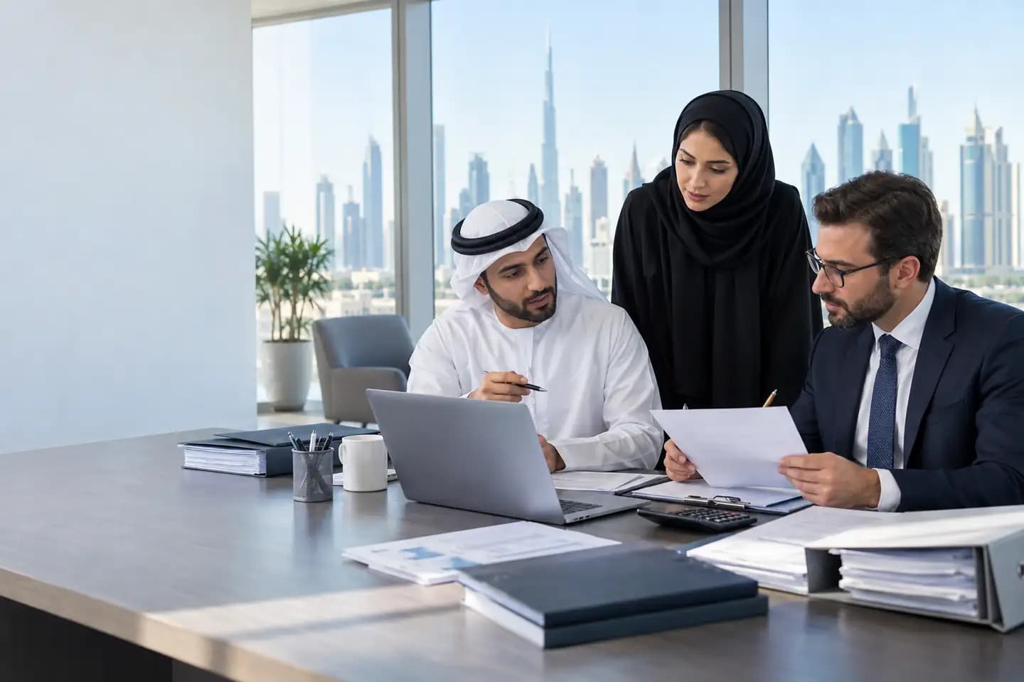 UAE audit professionals reviewing client evidence, financial reports, and an engagement checklist
