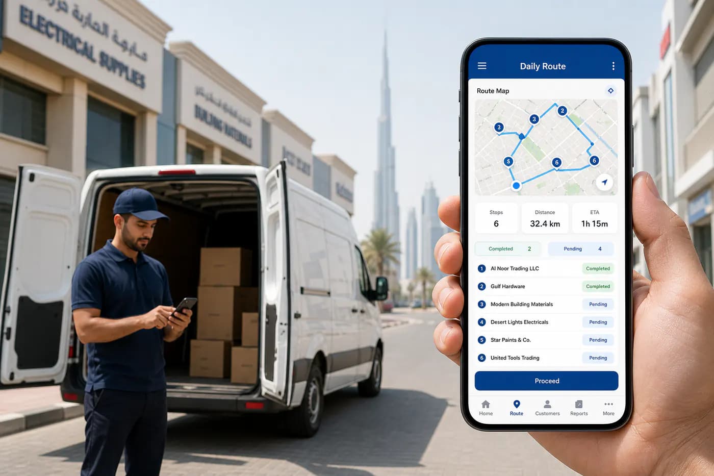 Van sales mobile daily route dashboard with route map and customer list