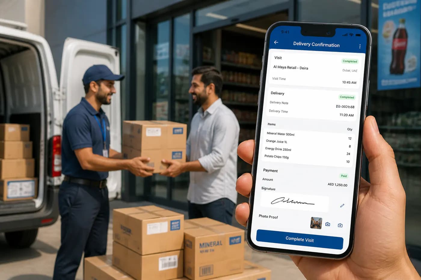 Delivery confirmation screen with van sales mobile dashboard