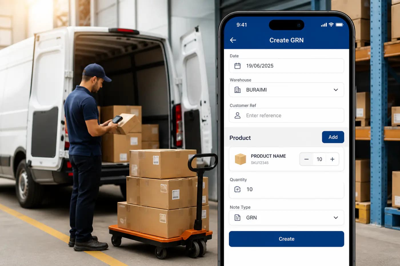 GRN goods receipt note mobile dashboard with stock receiving details