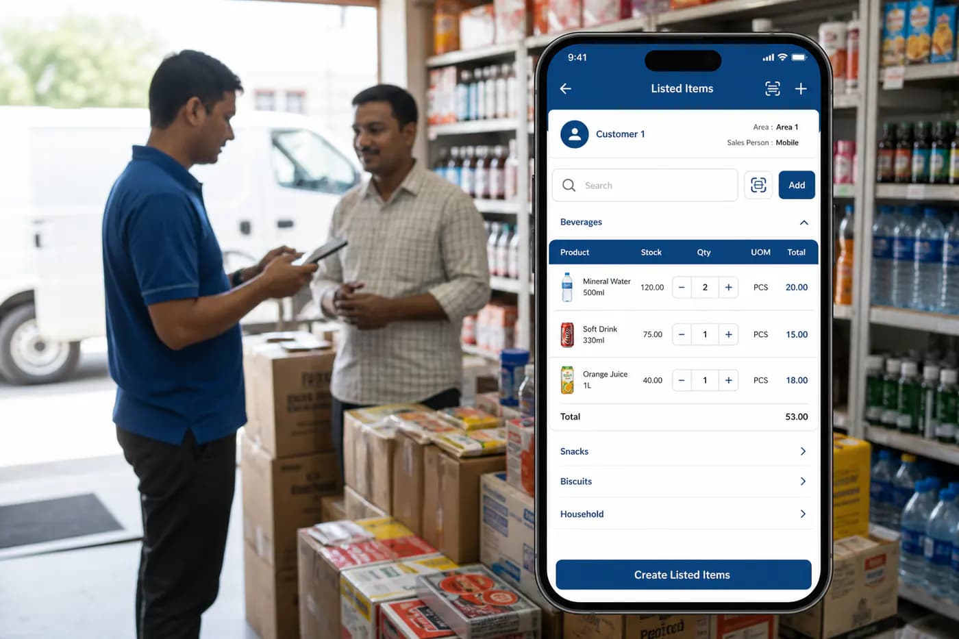 Listed items mobile order management dashboard for field sales