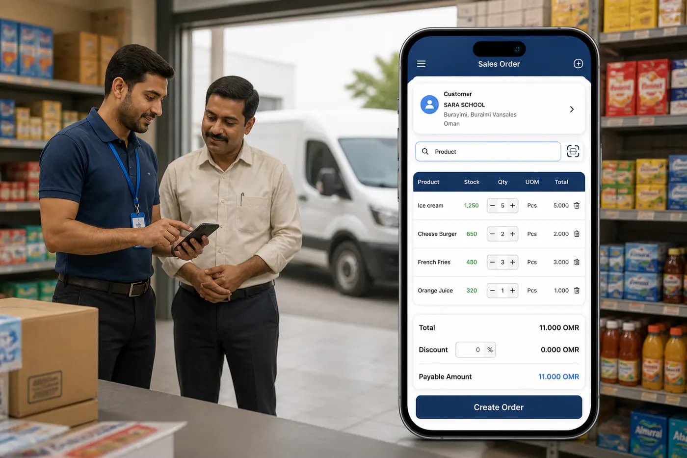 Sales order creation mobile dashboard beside a delivery van