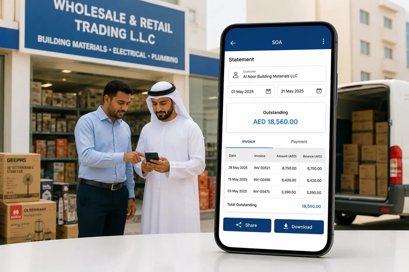 Statement of account mobile screen for customer outstanding balance