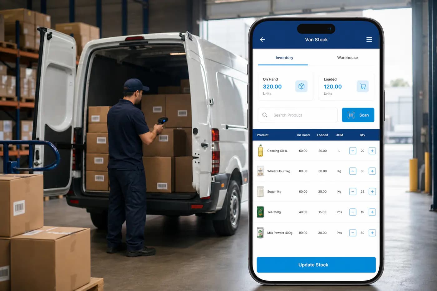 Mobile van stock inventory dashboard with products and delivery van